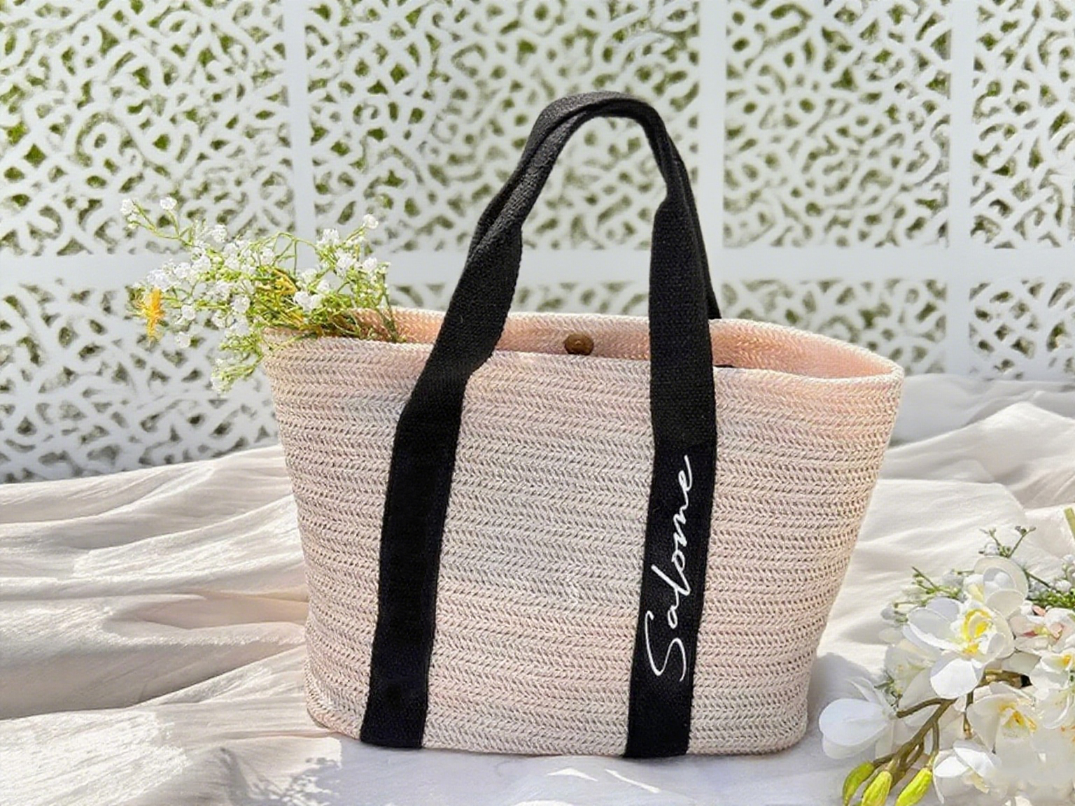 Beach Bag Black And White Straw Bag Custom Embroidered Straw Tote