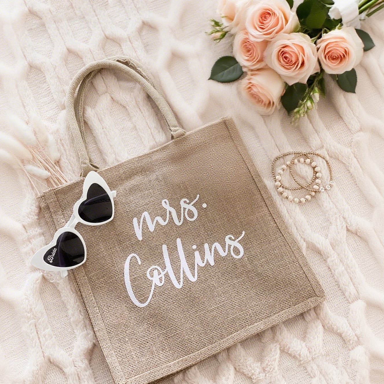 burlap tote bag with 'Mrs. Collins' text, heart-shaped sunglasses