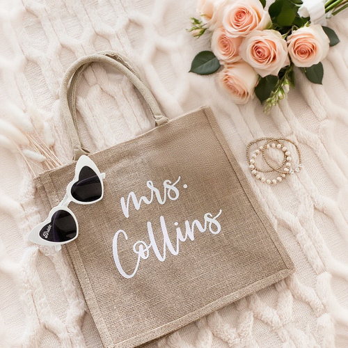 burlap tote bag with 'Mrs. Collins' text, heart-shaped sunglasses