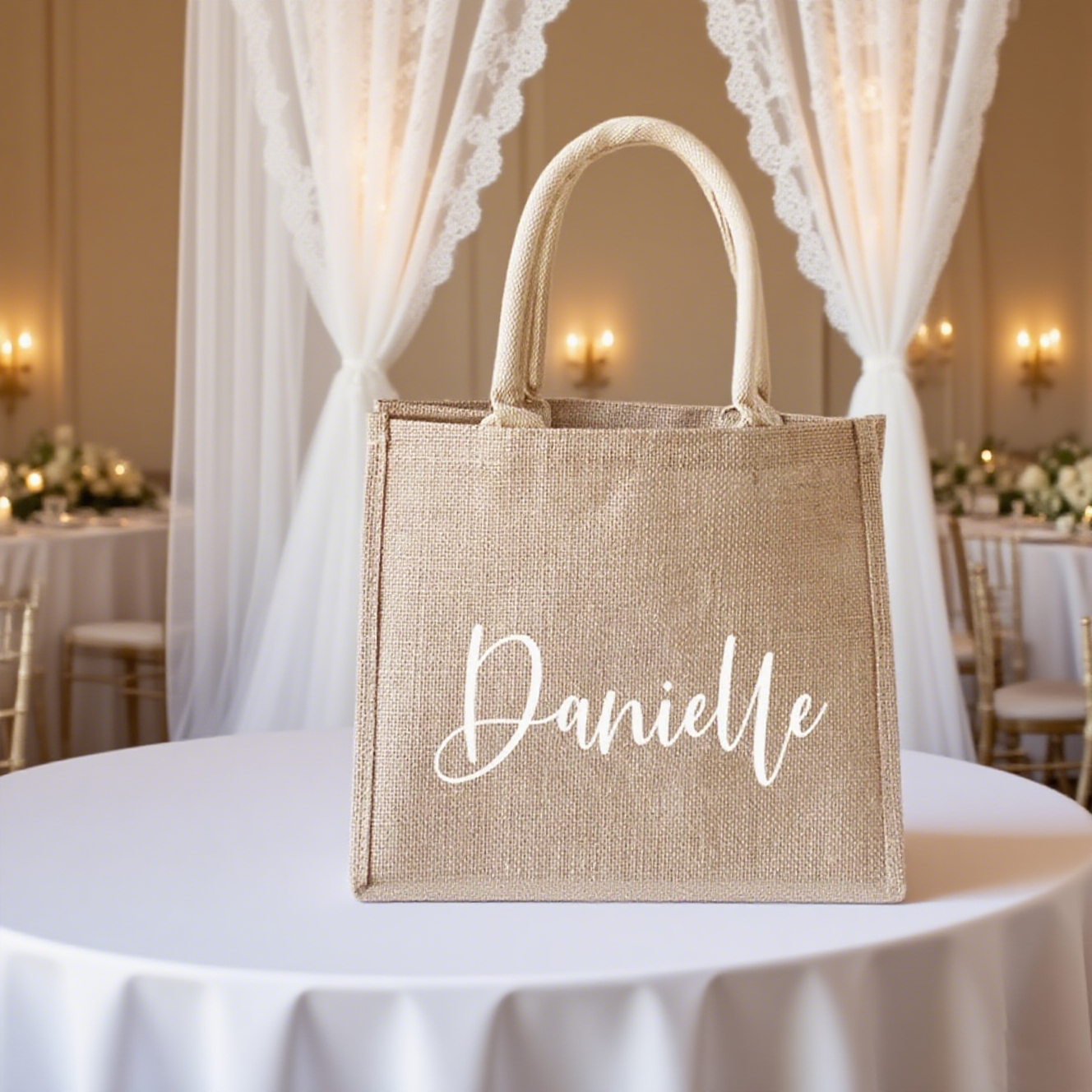 burlap tote bag with 'Danielle' 