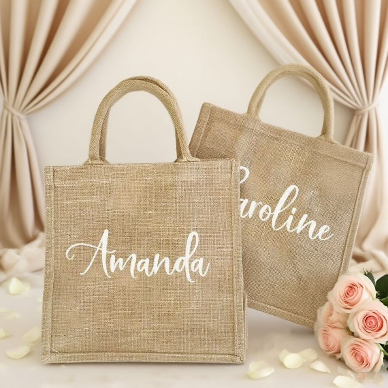 Two burlap tote bags with personalized names 'Amanda' and 'Caroline' 