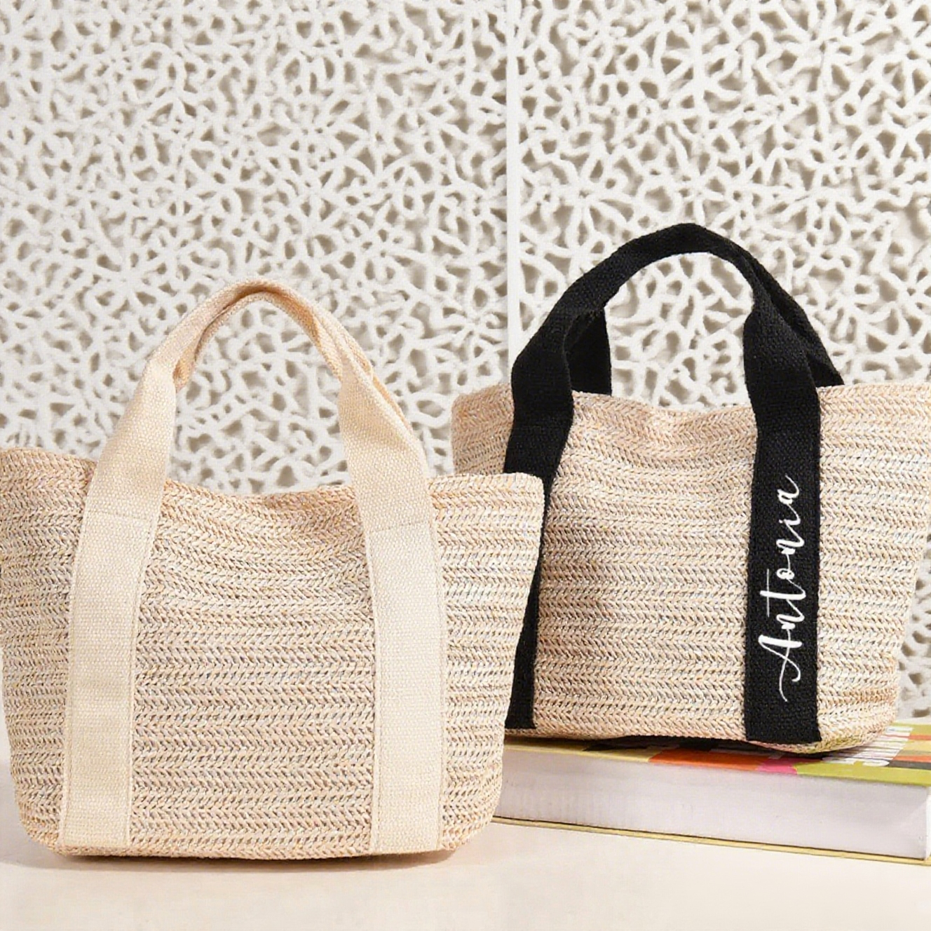 Custom Straw Bag with Embroidery Name