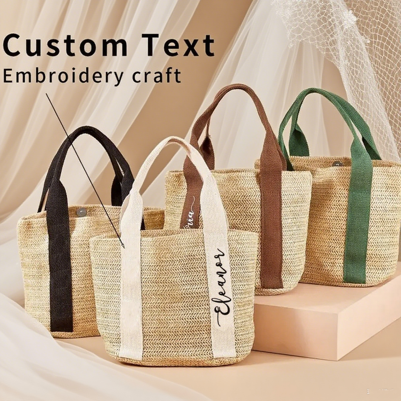 Custom Straw Bag with Embroidery Name