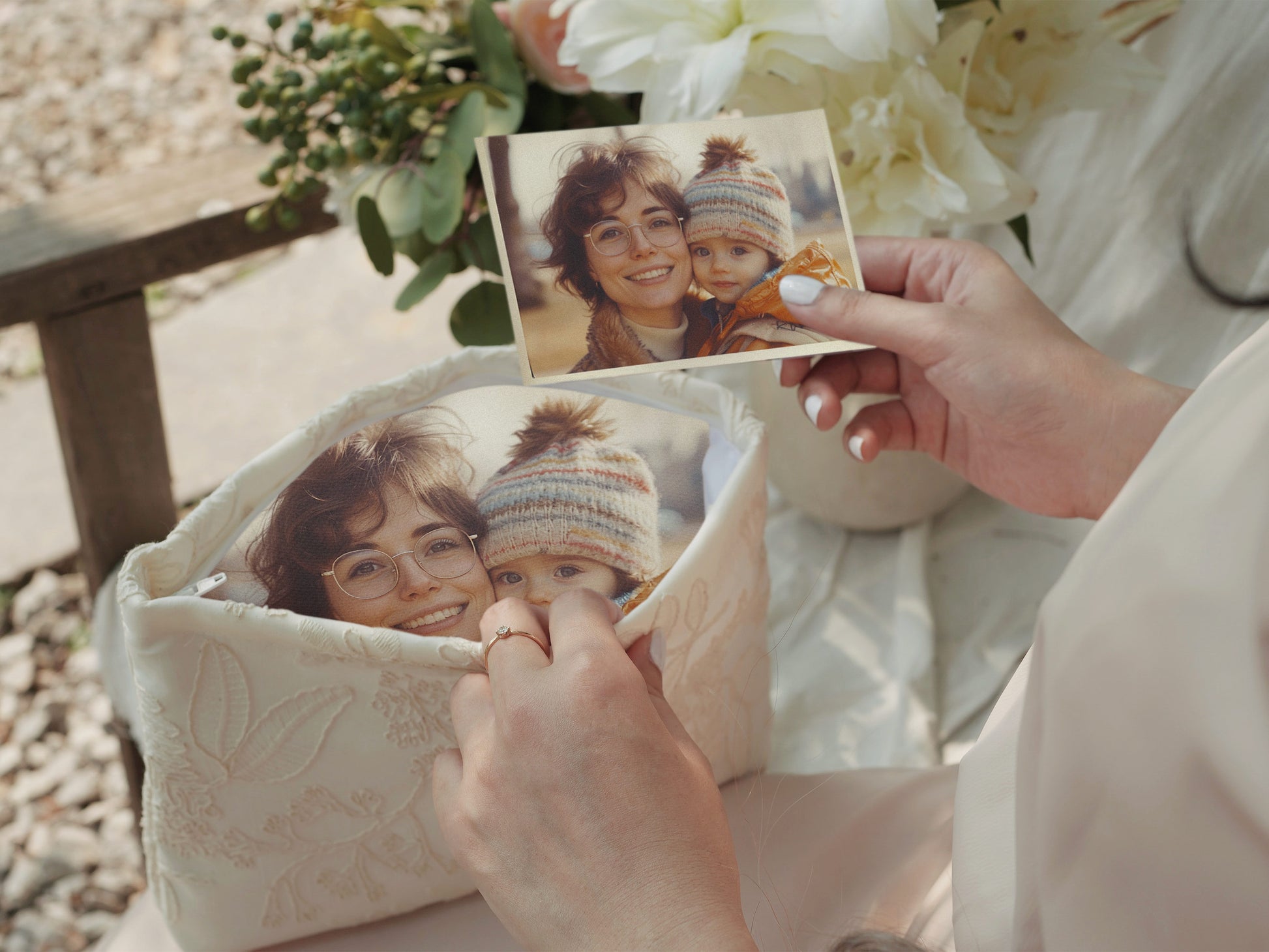 The inside of the clutch is printed with a photo of a mother holding her child