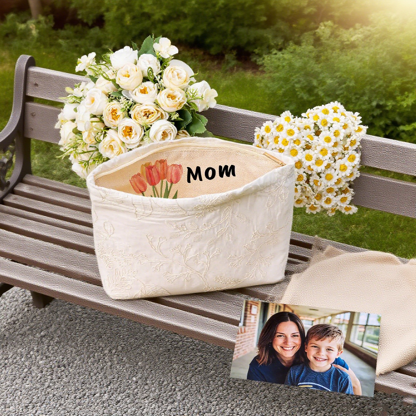 The inside of the bag is printed with tulips and ”mom“
