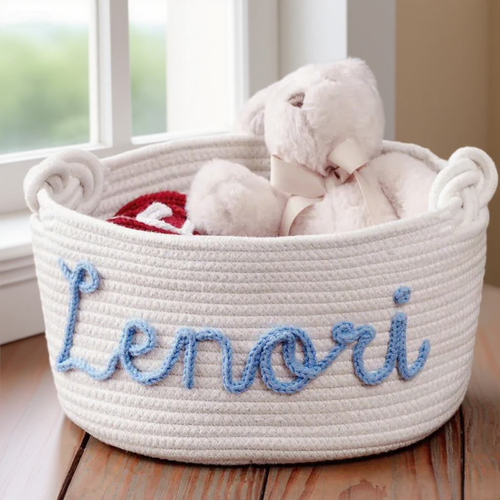 White woven Pet Toybasket with 'Lenori' embroidery, containing a teddy bear and plush toys