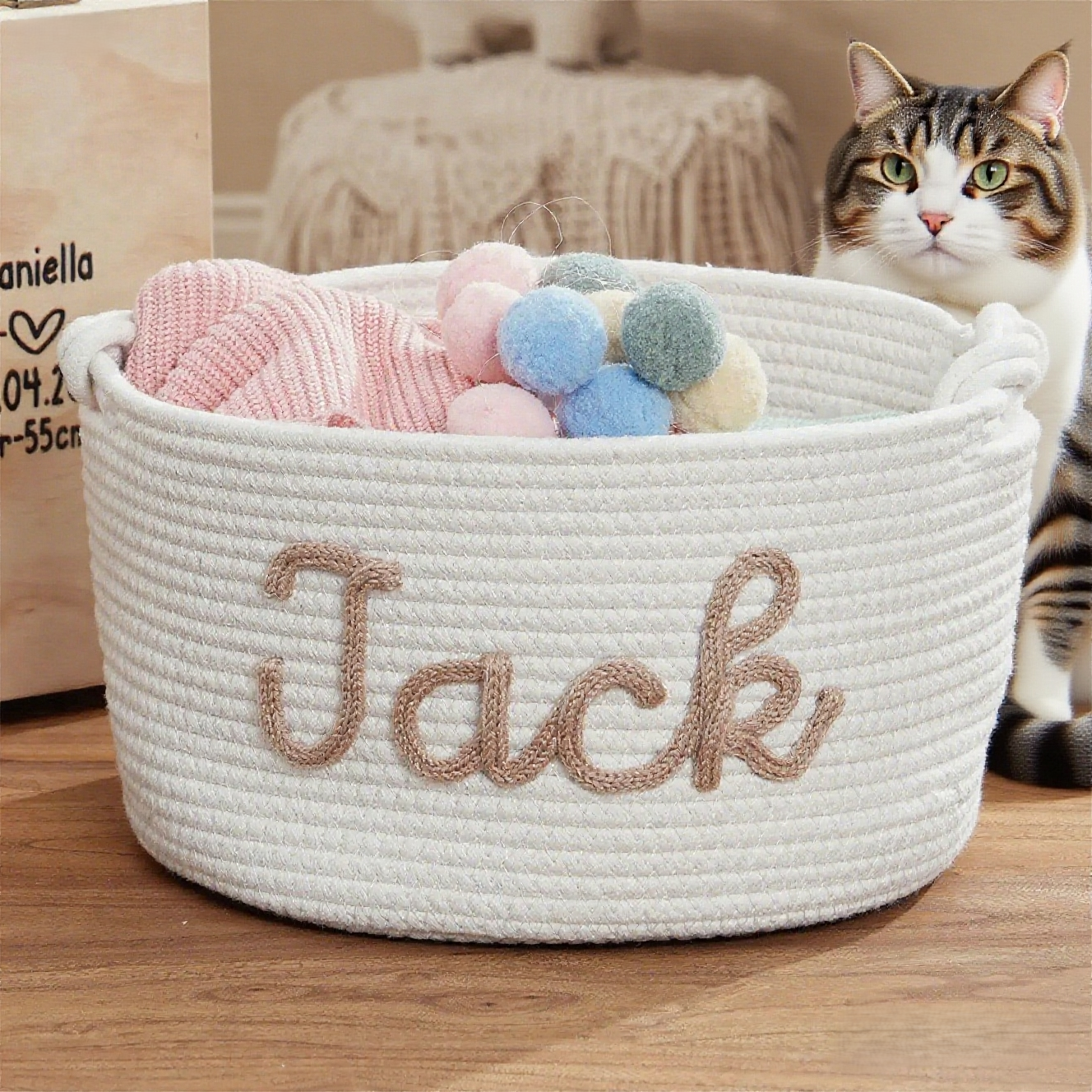 White woven pet toy basket with 'Jack' embroidered, filled with toys, next to a cat.