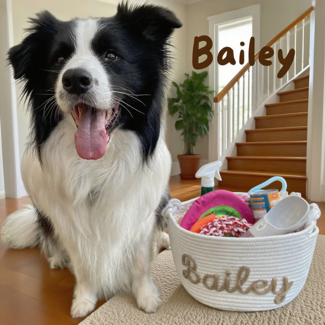 Black and white dog named Bailey sitting next to a basket of pet toys and supplies in a home setting.