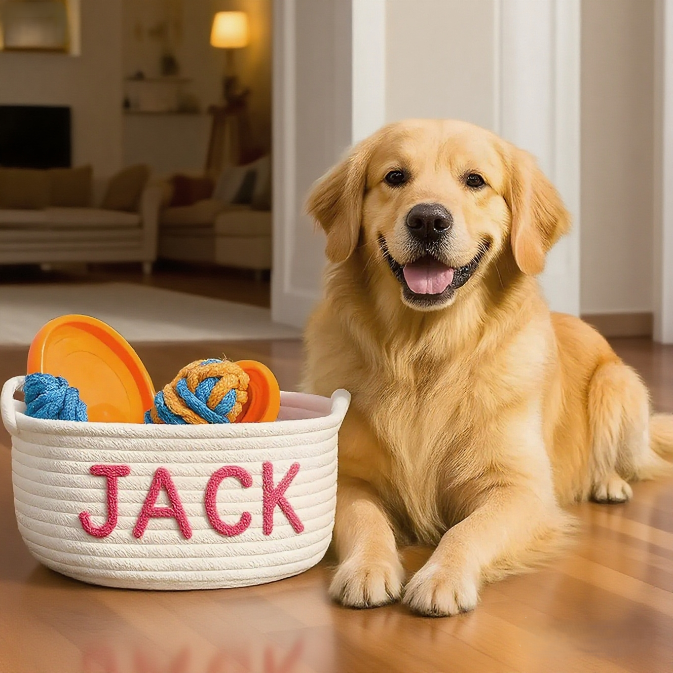 Dog named Jack with a basket of toys in a living room.