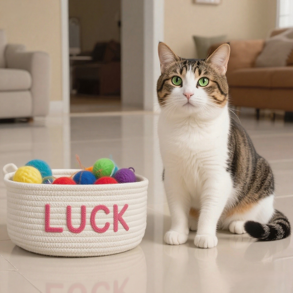 Cat sitting next to a basket labeled 'LUCK' filled with colorful toys in a home setting.