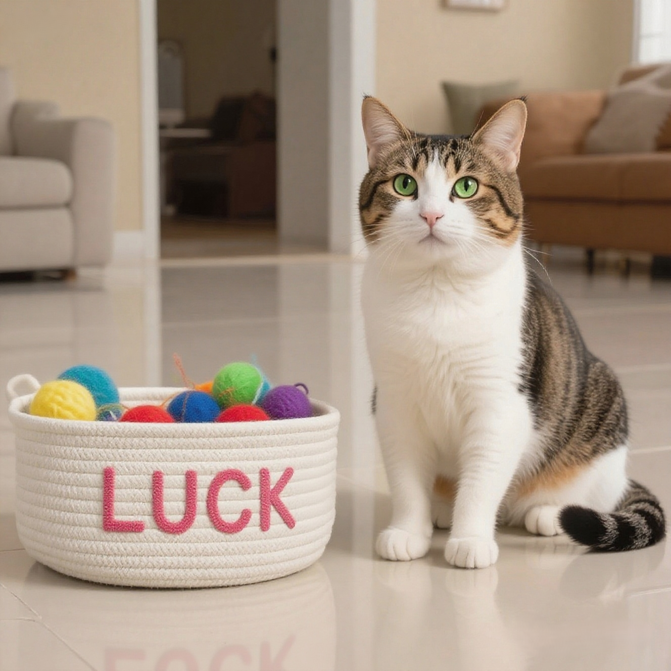 Cat sitting next to a basket labeled 'LUCK' filled with colorful toys in a home setting.