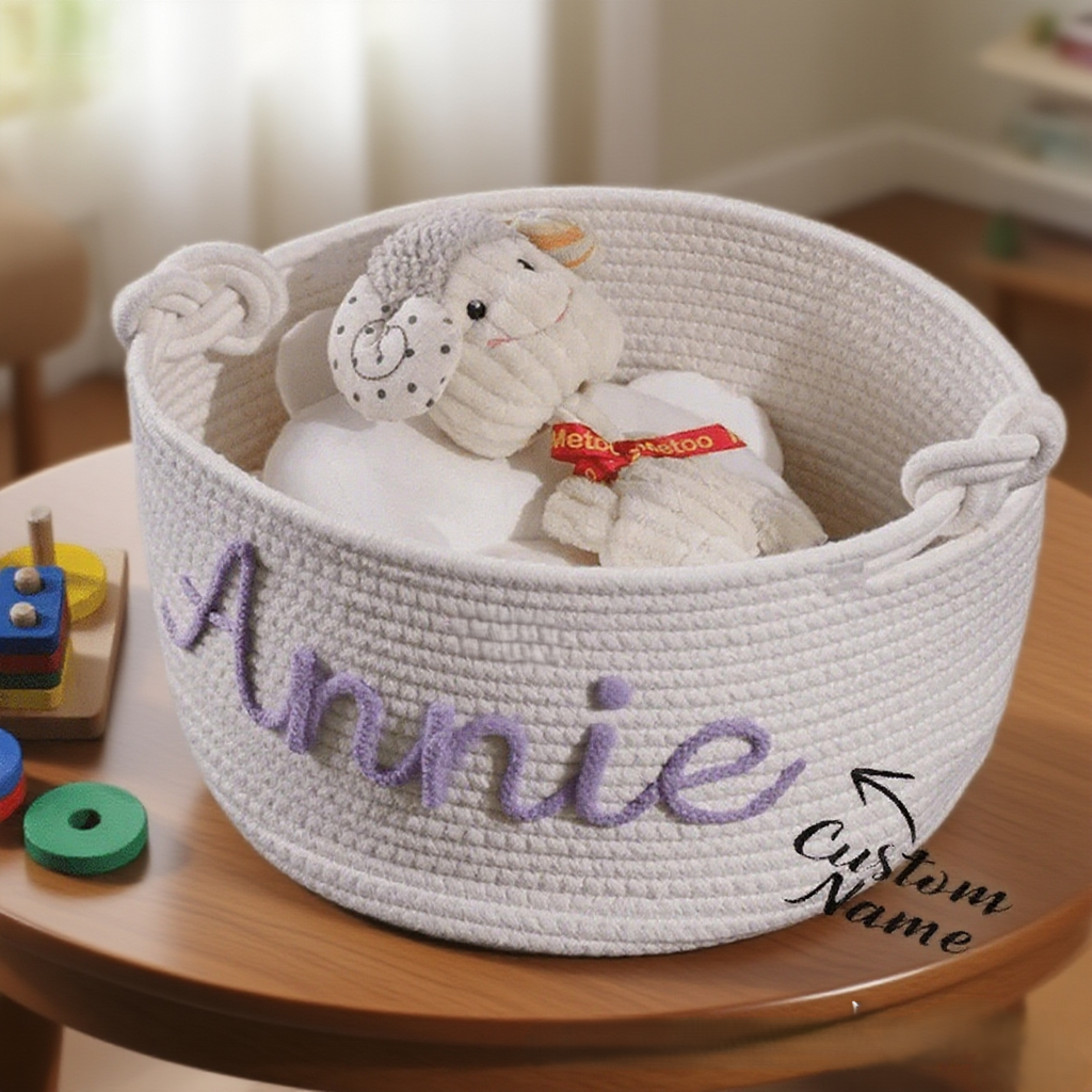 White woven pet toy basket with embroidered name 'Annie' containing plush toys on a wooden surface.